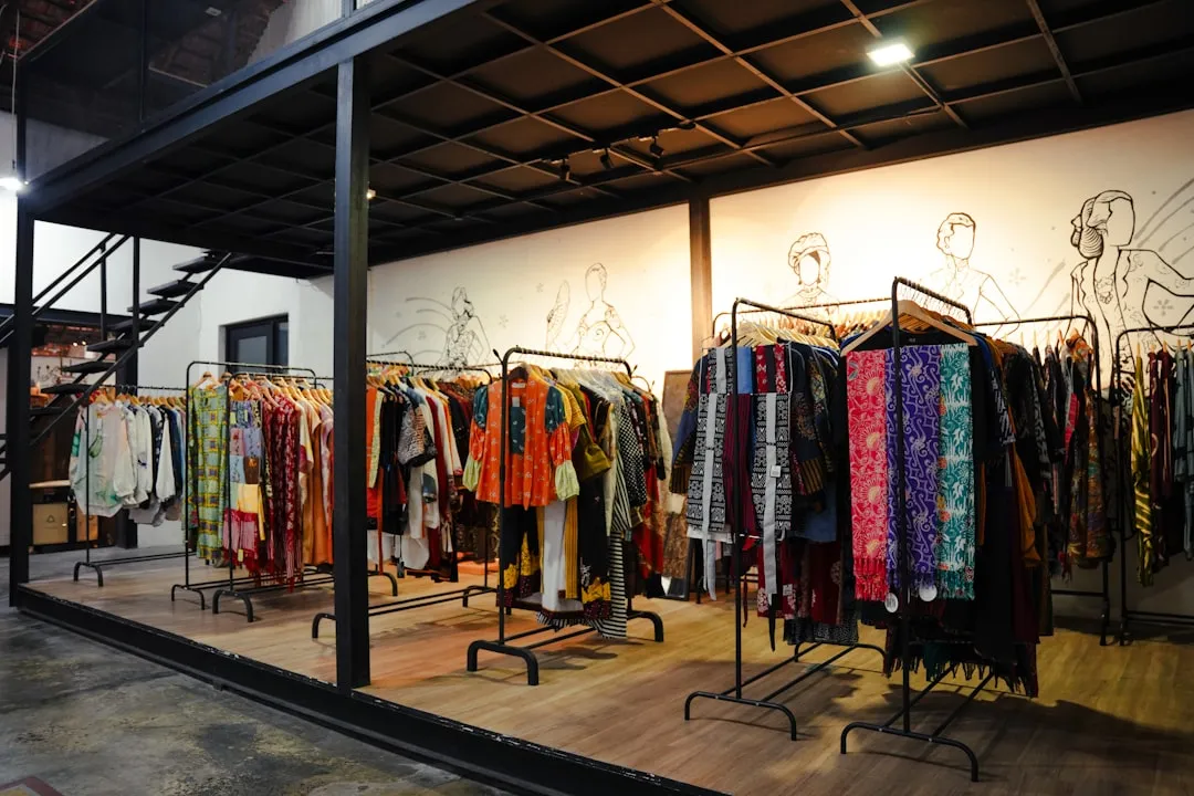 Clothing racks filled with colorful garments in a store.